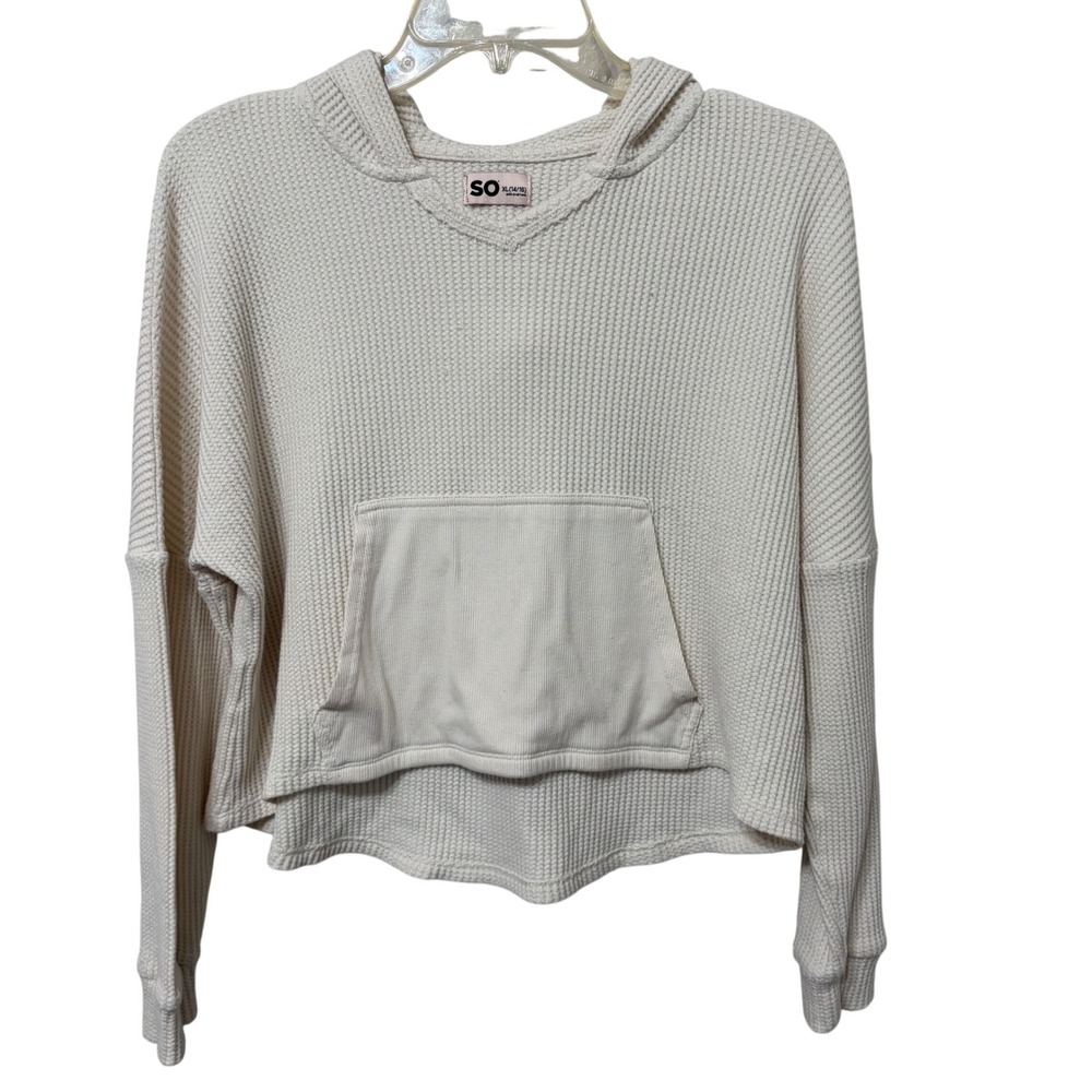 SO Waffle Knit Hoodie Cream Ivory Cropped Thermal Kangaroo Pocket XL 14/16